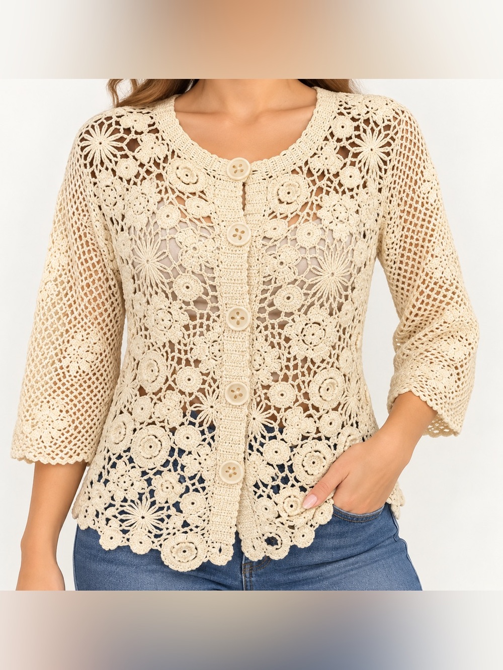 Sigrid Olsen Crochet Floral Button-Front Top - Cream Size Small